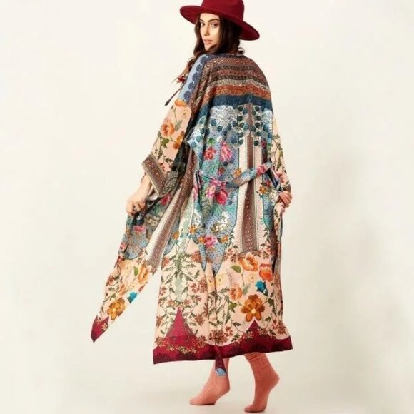 NEW Boho Chic Floral Kimono Pink Maxi Duster Jacket Beach Coverup Robe - Picture 1 of 12